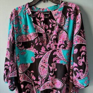 Lane Bryant Plus 26/28 Black Pink Floral Paisley V Neck Career Bold Edgy
